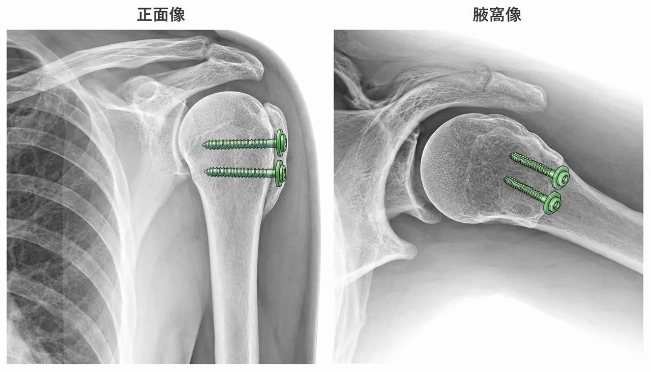 術後X線像（正面・腋窩像） — スクリュー位置・整復位の確認