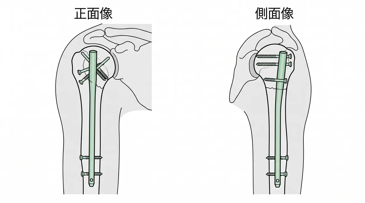 術後X線像（AP / Y字 / 腋窩）— 整復位・インプラント位置確認
