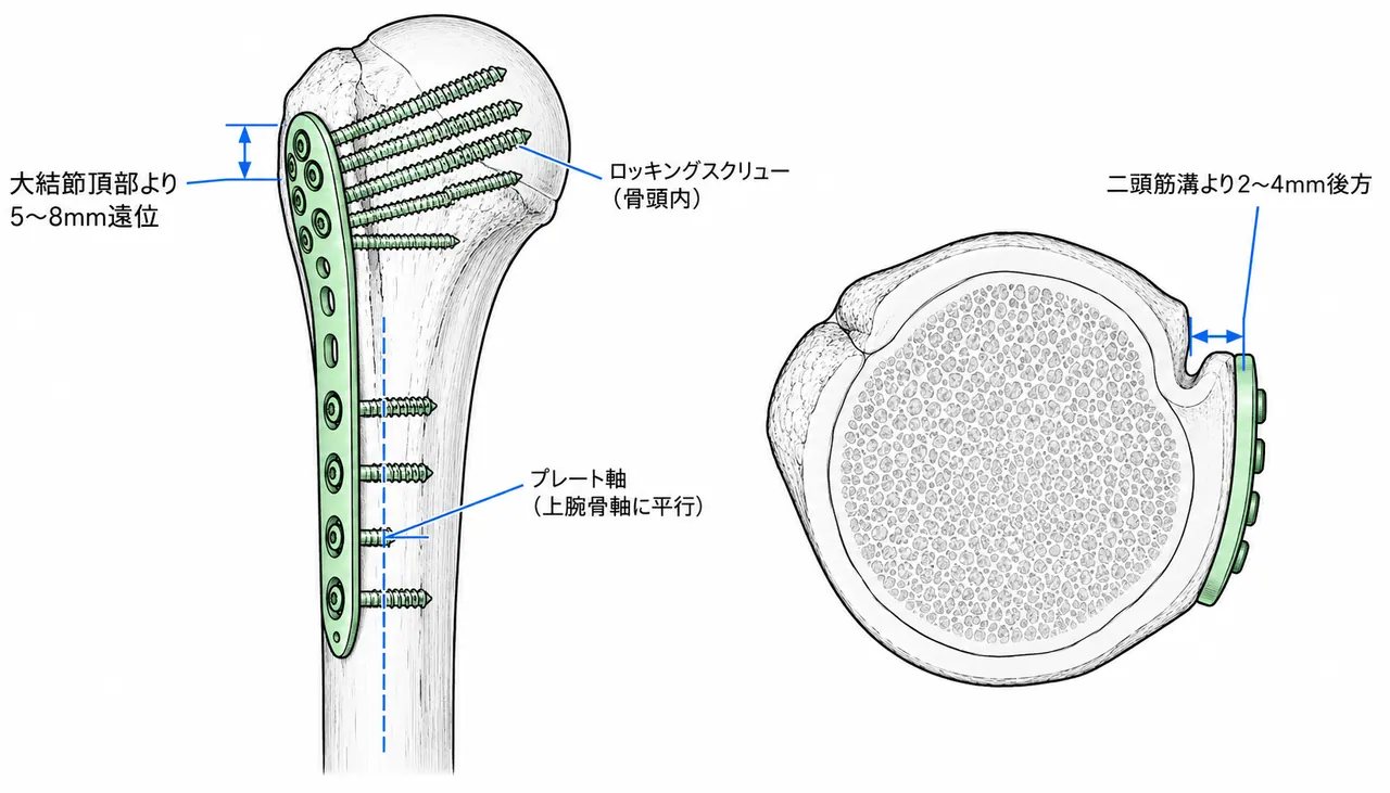 プレート配置概念図 — 大結節頂部からの距離・二頭筋溝との関係（正面 / 軸位）