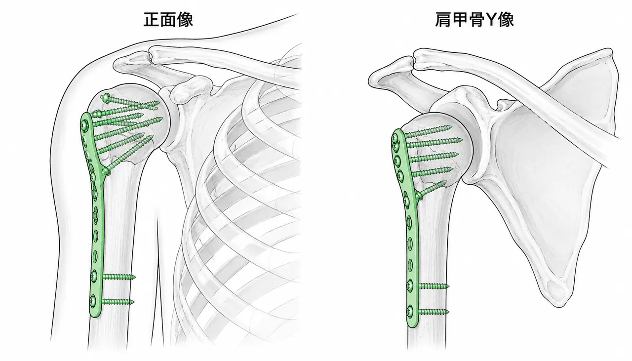 術後X線像（AP / Scapular Y）— プレート位置・整復位確認
