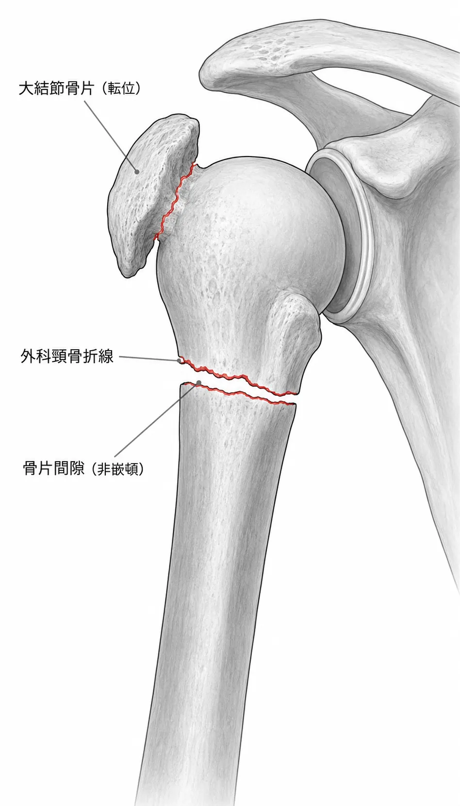 術前X線AP像 — 外科頸+結節骨折（3骨片・非嵌頓型）