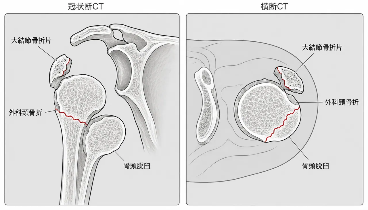 CT矢状断・冠状断 — 骨折型・粉砕・骨頭虚血リスクの評価