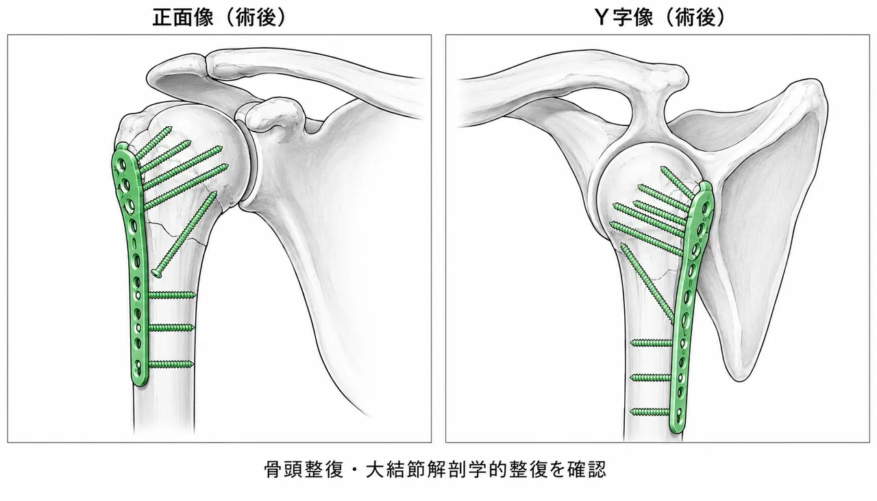 術後X線像（AP/Y字）— 整復位・内固定または置換状態の確認