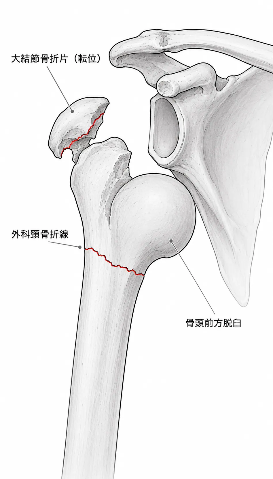X線正面像（AP像）— 外科頸骨折線・大結節骨折・骨頭脱臼の確認