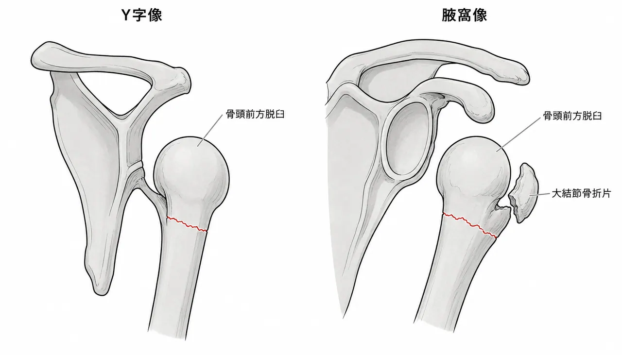 Y字像・腋窩像 — 脱臼方向・骨折全体の把握