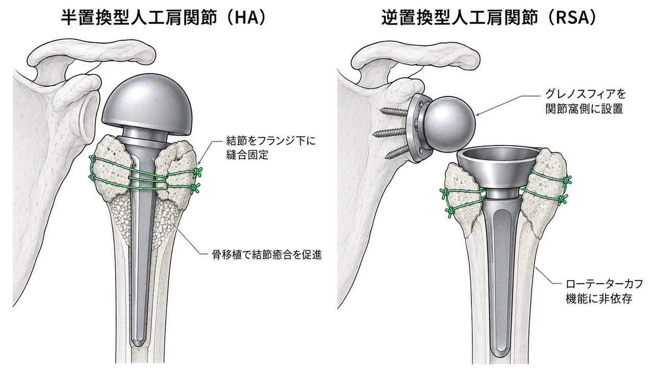 半置換型・逆置換型人工肩関節の概念図 — コンポーネント設置と結節固定