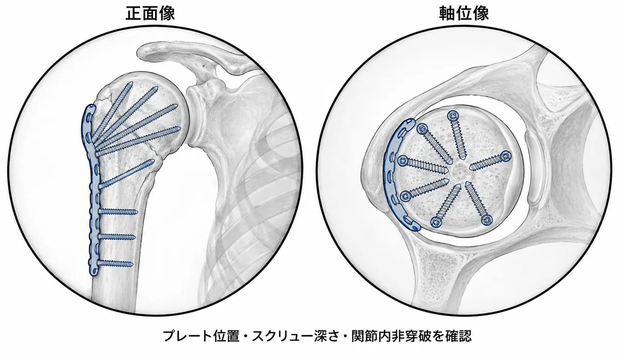 術中透視像 — 整復後のプレート位置・スクリュー確認（AP / 軸位）