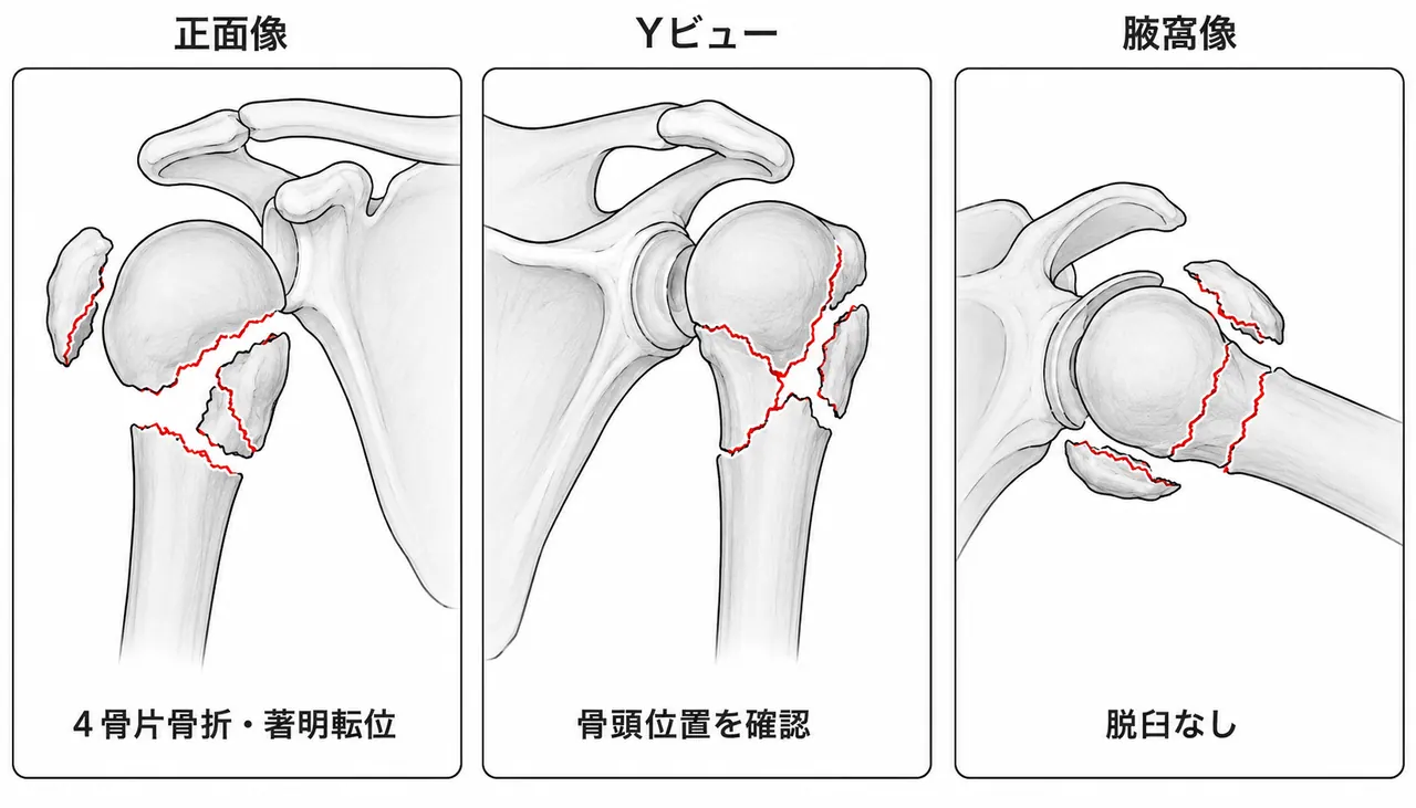 術前X線（3方向）— AP像・Yビュー・腋窩像での骨折型評価
