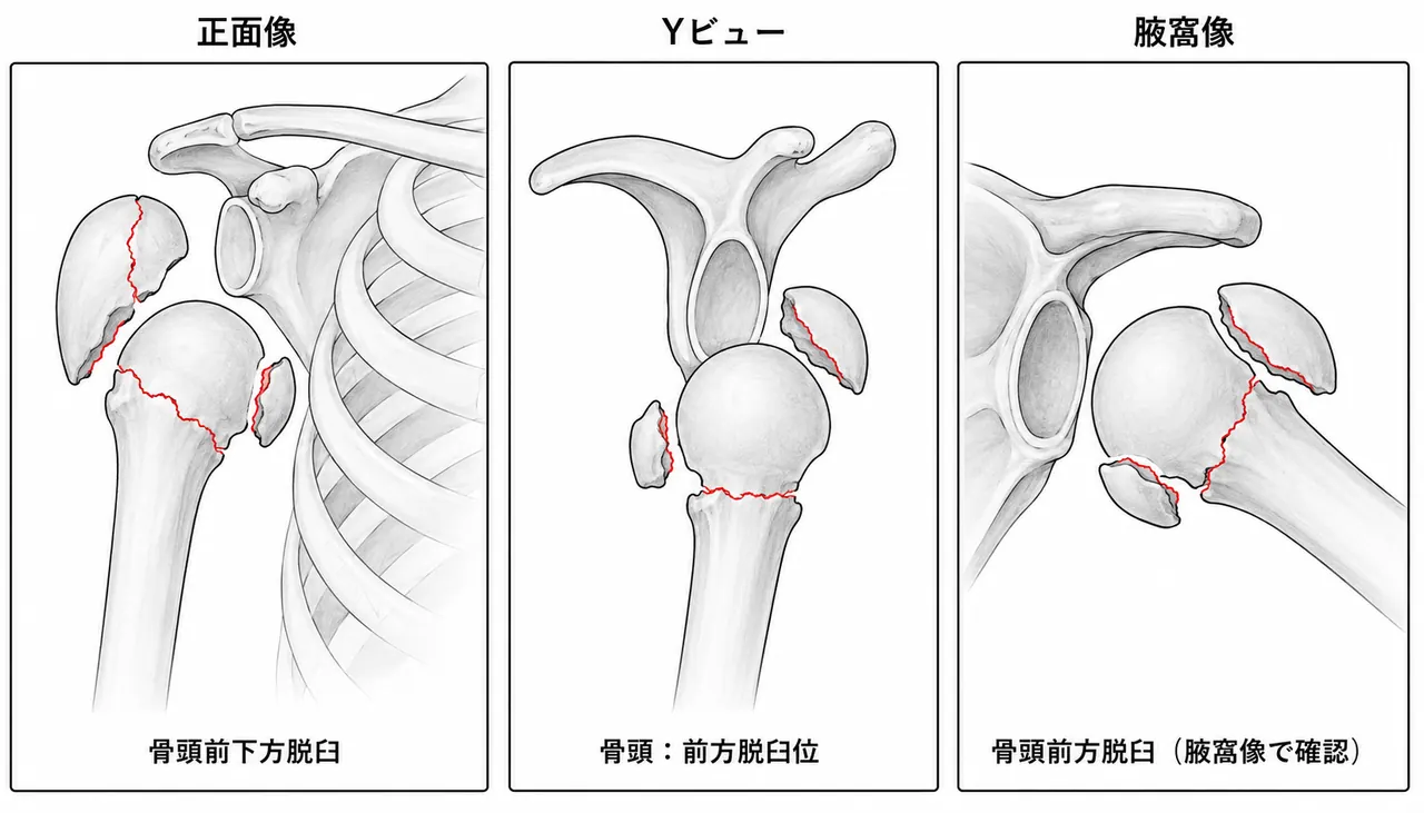 X線3方向撮影 — 正面・Yビュー・腋窩像（脱臼方向と骨片分離の確認）