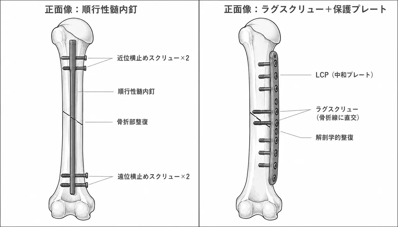 術後X線像（正面/側面）— 順行性髄内釘または ラグスクリュー＋プレート固定後