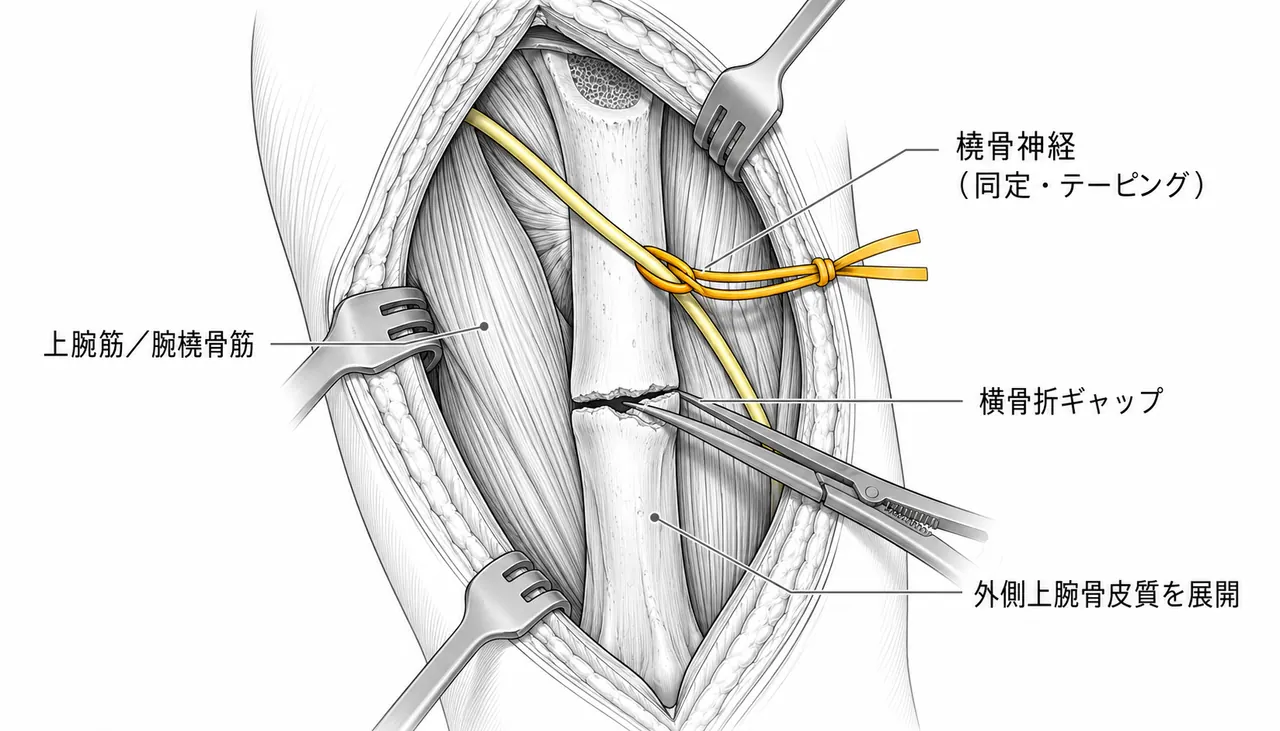 前外側アプローチ — 上腕骨骨幹部の展開（橈骨神経確認）