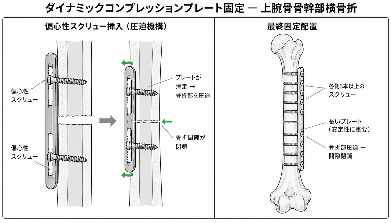 プレート設置と整復固定 — 動的圧迫ネジ（DCP法）による骨折端圧迫