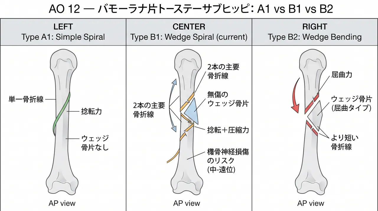 骨折パターン比較 — 12-B1（楔状・螺旋型）vs 12-B2（楔状・屈曲型）vs 12-A1（単純・螺旋型）