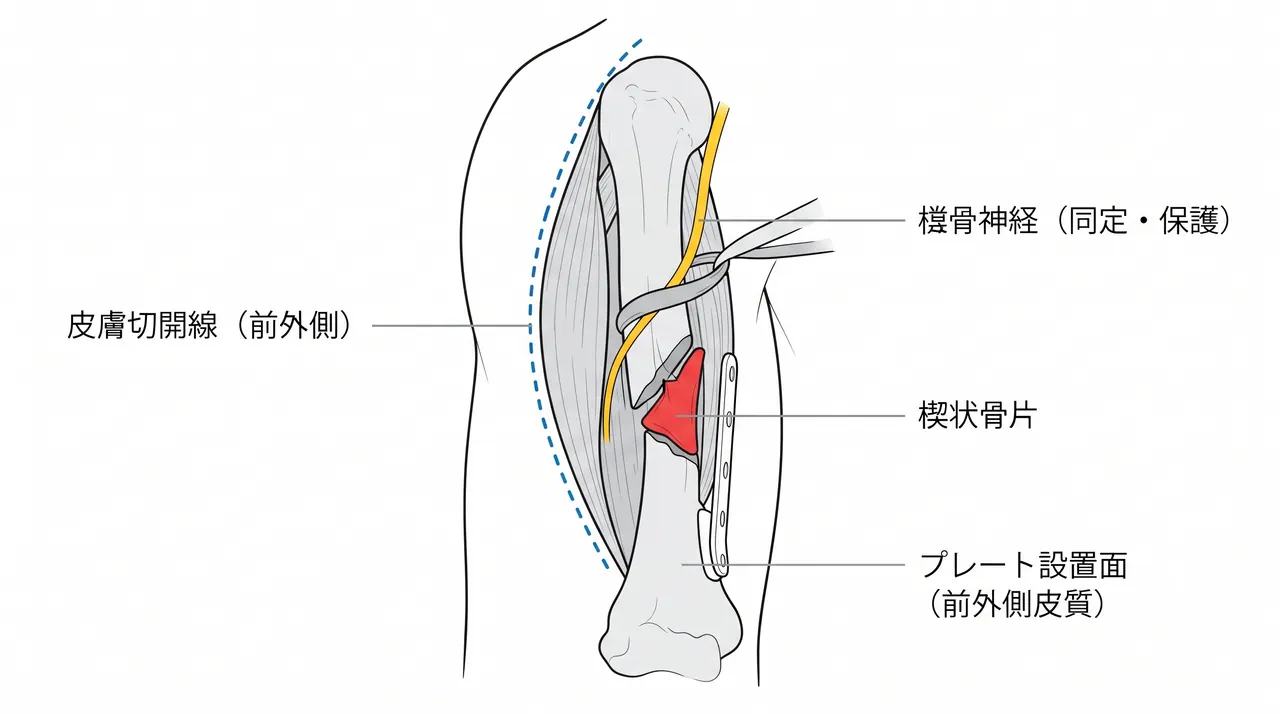 前外側アプローチ解剖図 — 上腕骨骨幹部前外側面の展開・橈骨神経の同定
