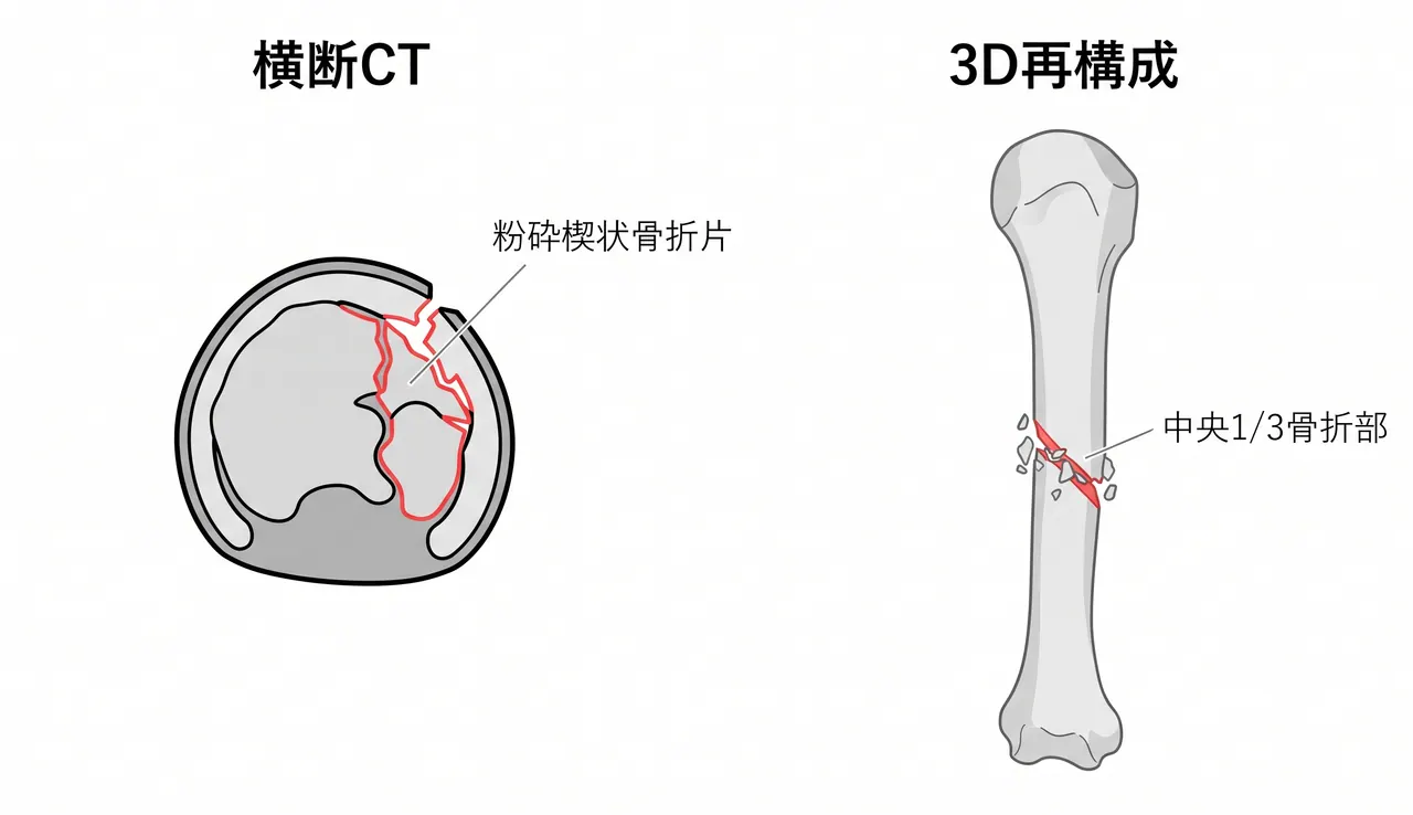 CT断面＋3D再構成 — 粉砕楔状骨折片の範囲と橈骨神経走行域の確認