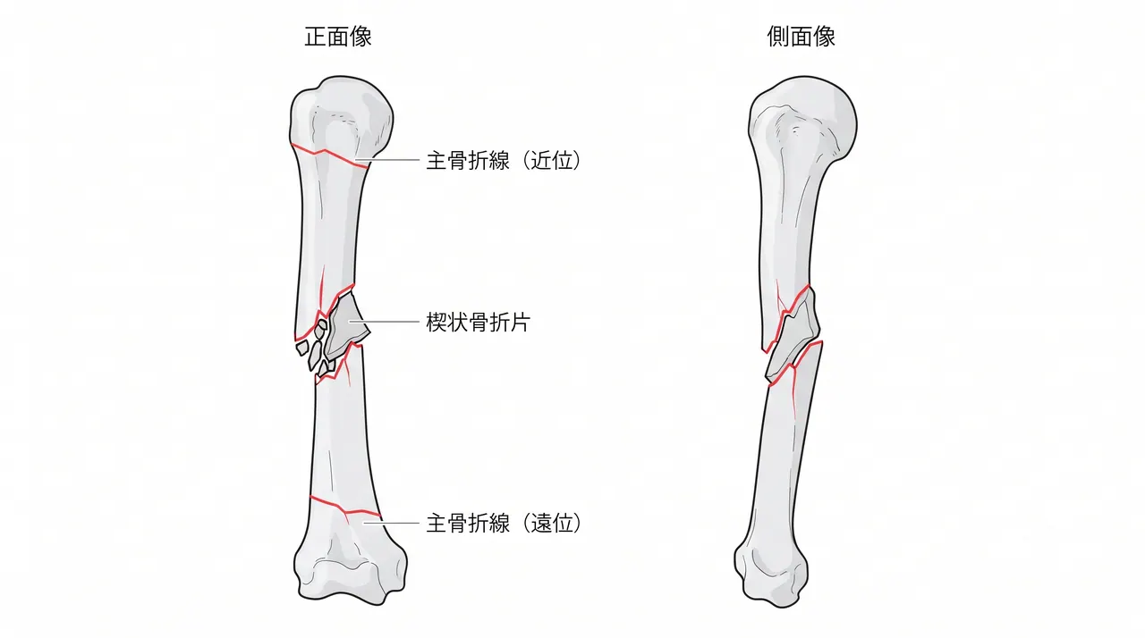 X線正面/側面像 — 上腕骨骨幹部楔状骨折（12-B3）、中央1/3の粉砕楔状骨折片