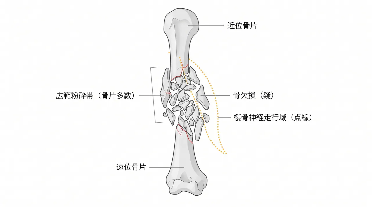 CT 3D再構成 — 粉砕骨折の全体像・骨片分布・橈骨神経走行との位置関係評価