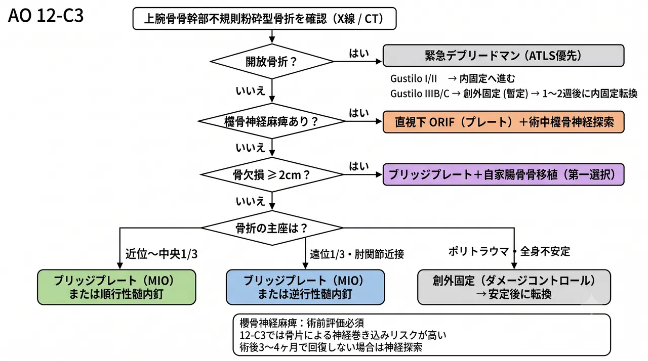 治療選択アルゴリズム — 不規則粉砕型（12-C3）の開放骨折・橈骨神経損傷・軟部組織状態に基づく術式選択フロー