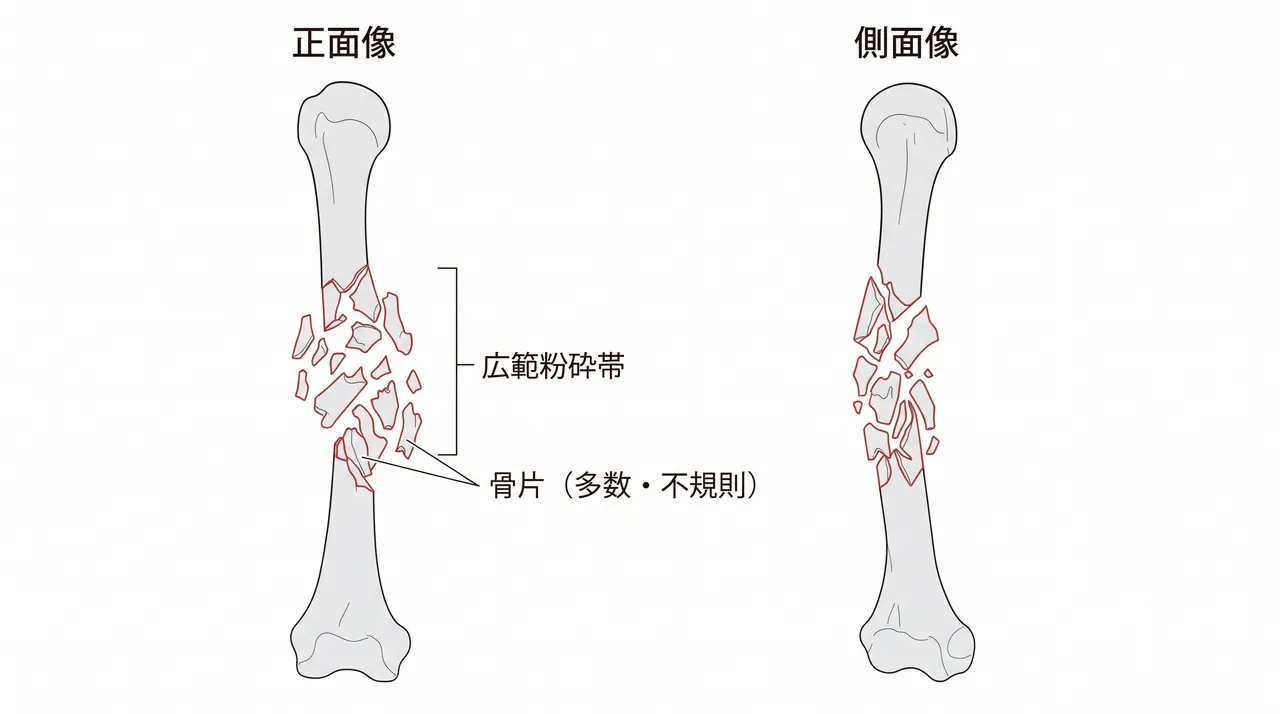 X線正面像・側面像 — 上腕骨骨幹部不規則粉砕骨折（骨片が多数・骨折線が不規則走行）