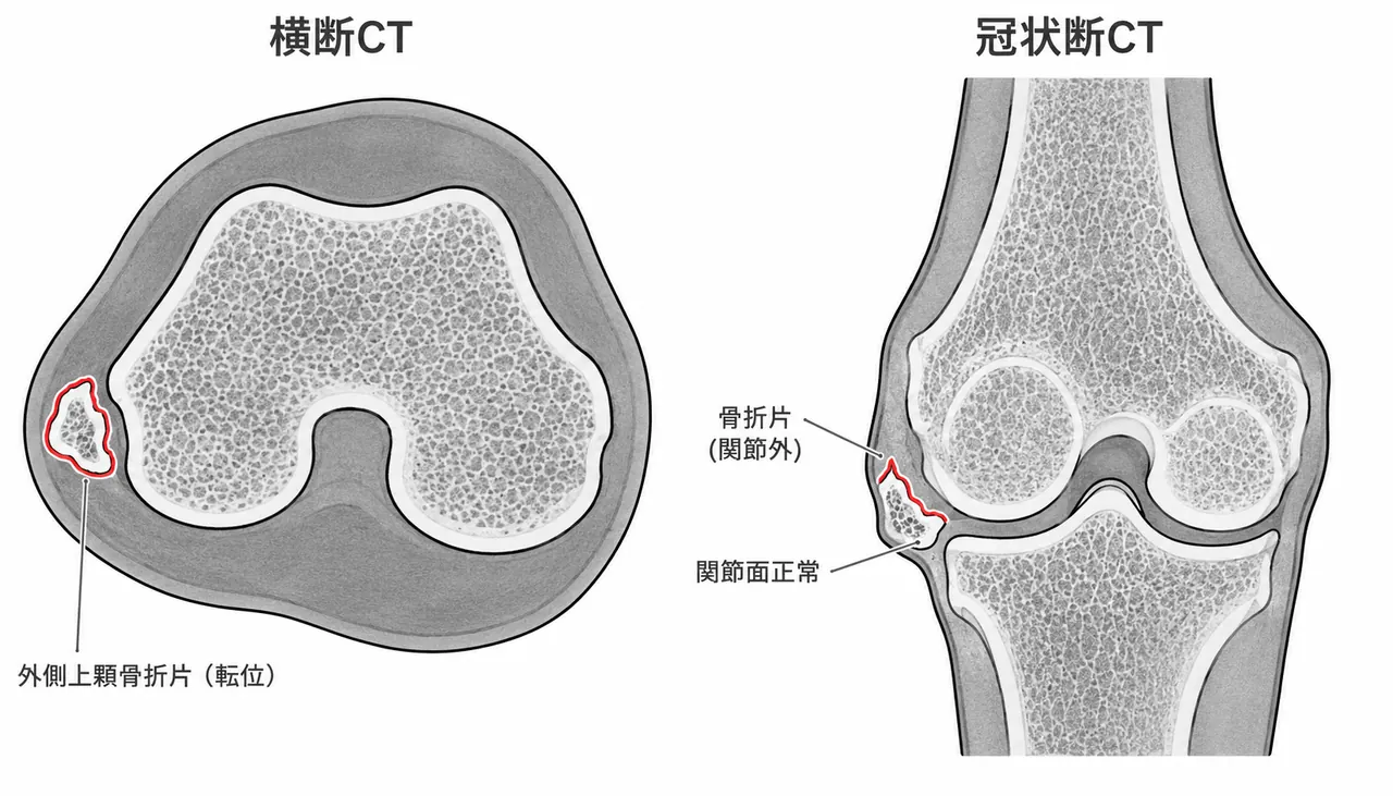 CT横断/冠状断（関節内嵌入・骨折型の詳細評価）