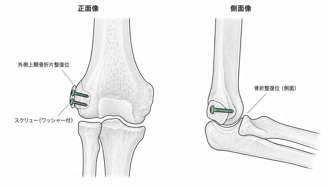 術後X線（正面/側面）— スクリュー位置・骨片整復位・関節外骨折の確認