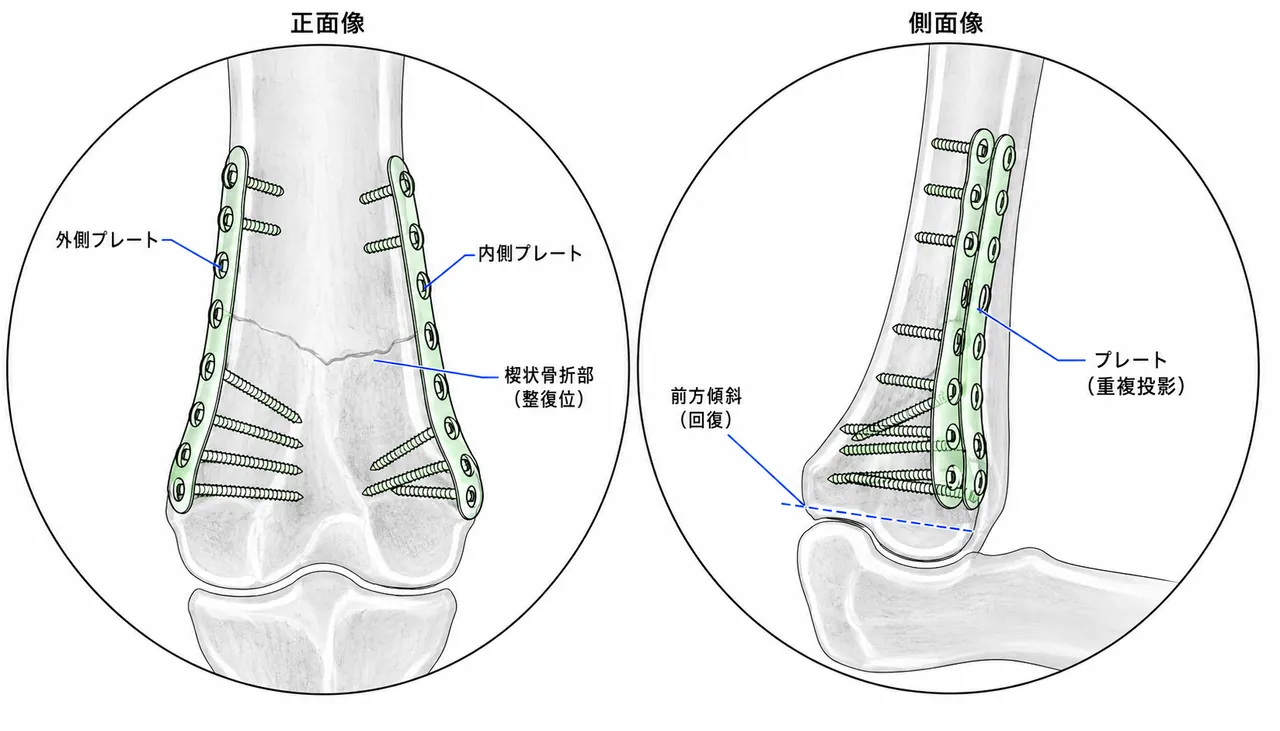 術中透視（正面・側面）— 二柱プレート固定後のアライメント確認