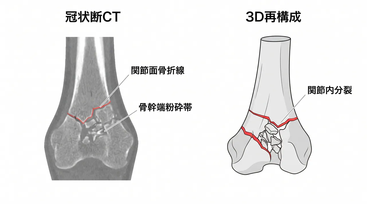 術前CT（冠状断・3D再構成）— 関節面骨折線の詳細・骨幹端粉砕の程度・小骨片を確認