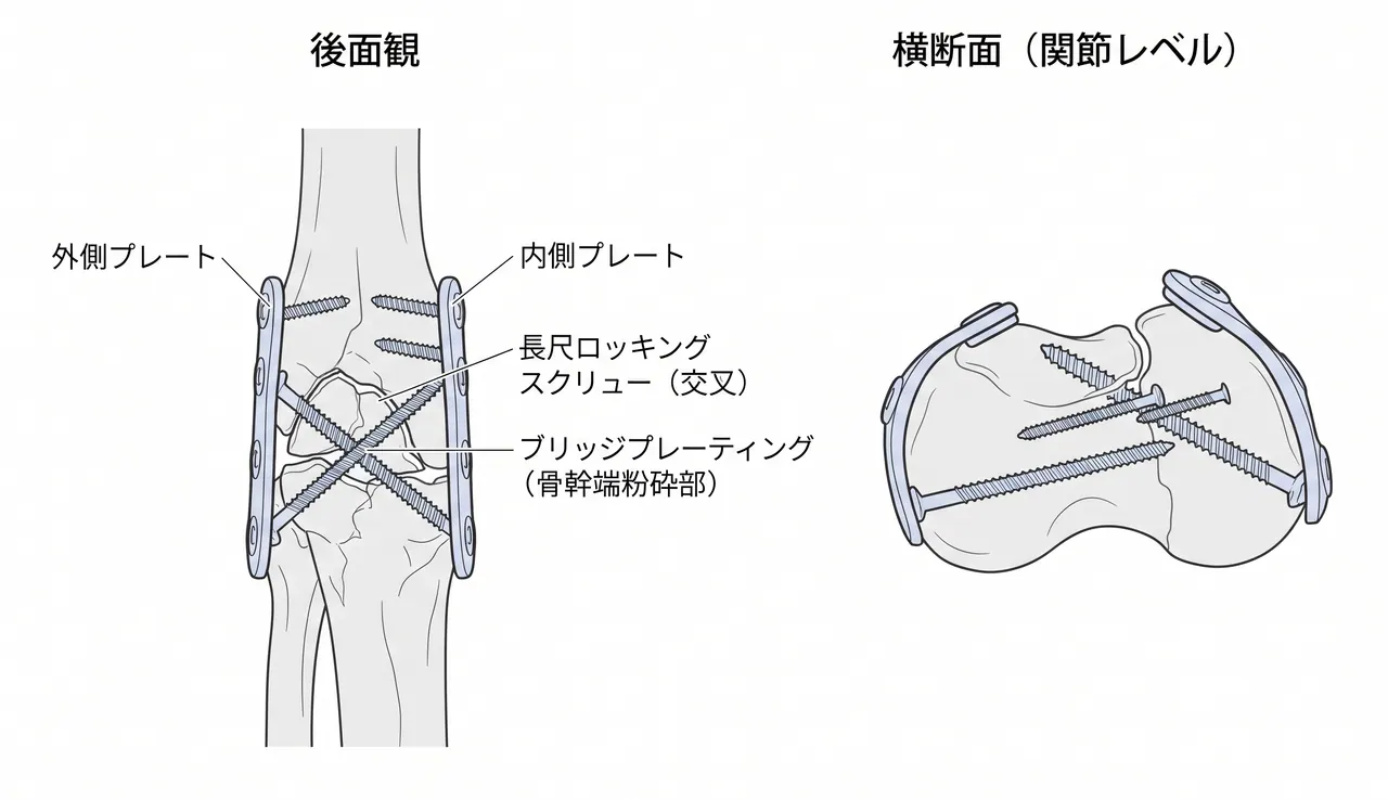 二重プレート固定（ORIF）— 内側・外側の解剖学的プレコントゥアードプレートと関節ブロックへの長尺ロッキングスクリュー