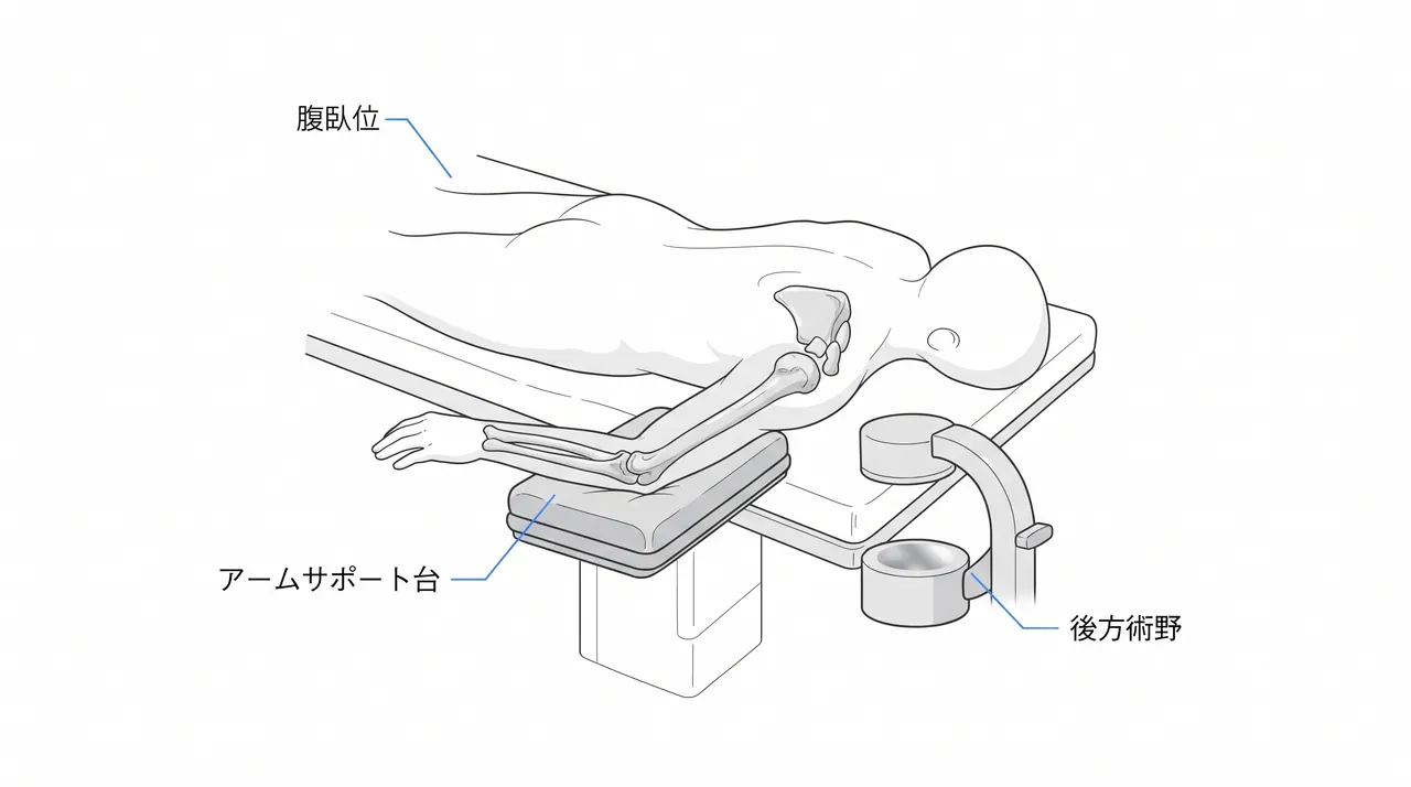手術体位（腹臥位・上肢固定台）— 上腕後方展開のセットアップ