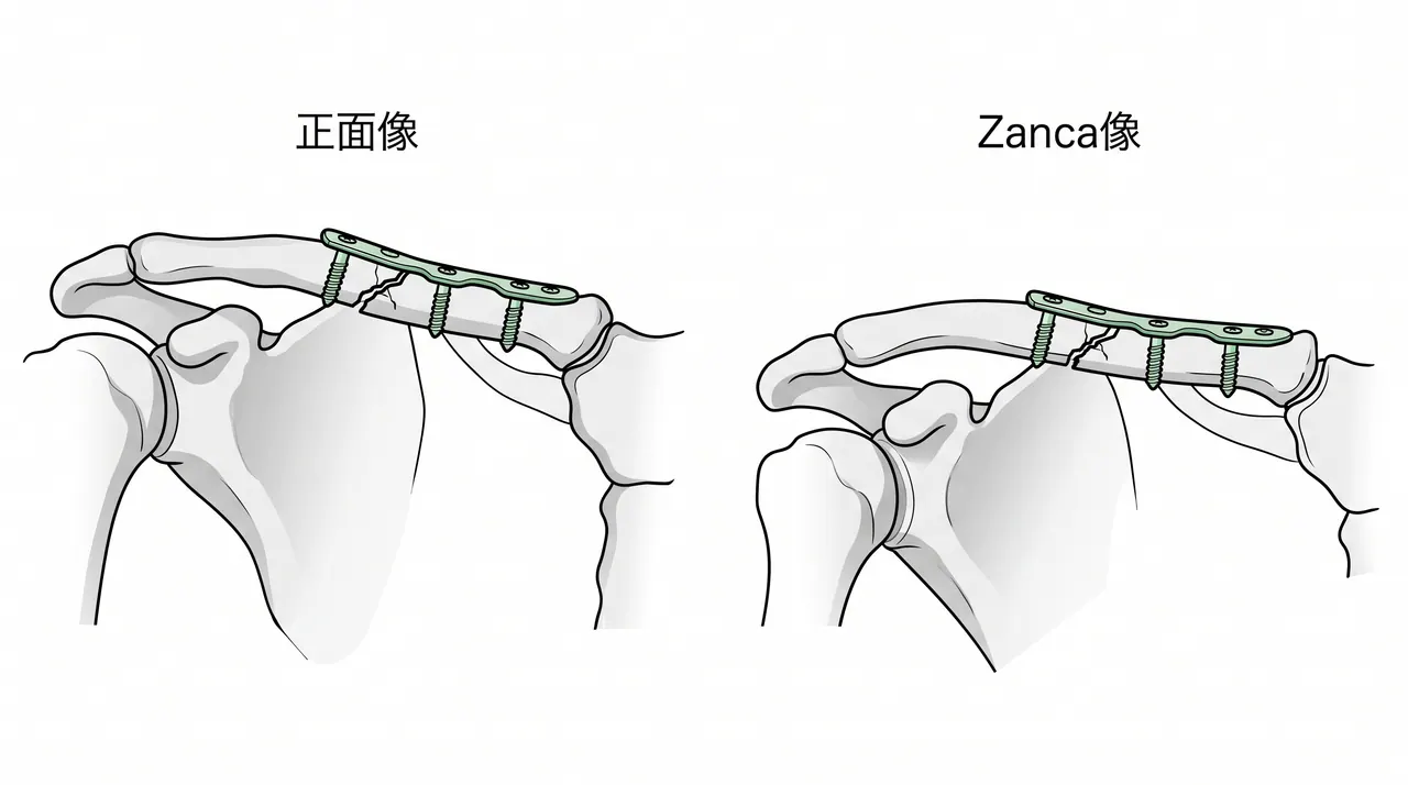 術後X線像（AP / Zanca像）— 整復位・プレート位置確認