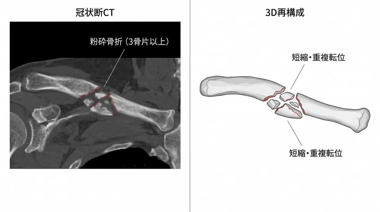 CT冠状断 + 3D再構成 — 骨片配置・転位程度・術前計画