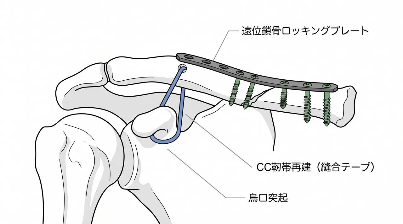 遠位鎖骨プレート＋CC靭帯再建の術中概念図