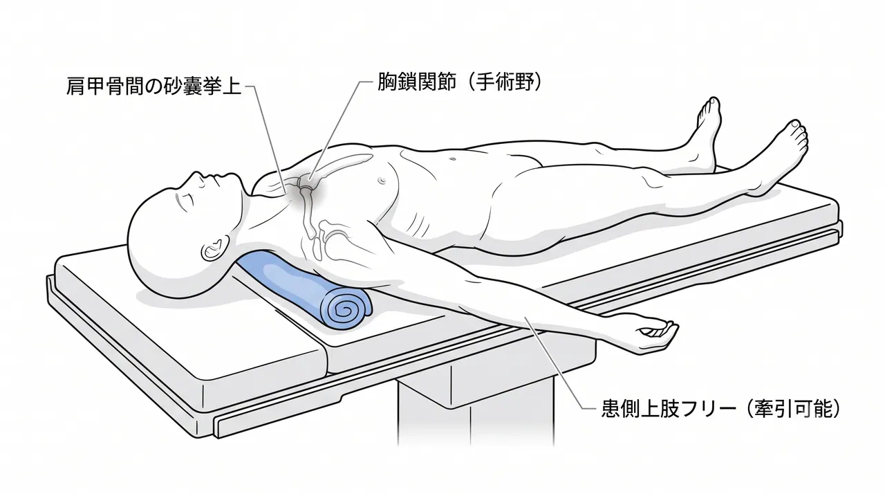 手術体位・アプローチ（砂嚢による肩甲骨間の挙上）