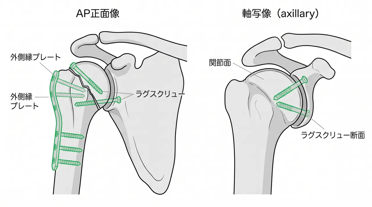 術後X線像（AP・axillary view）— スクリュー・プレート位置・整復位確認
