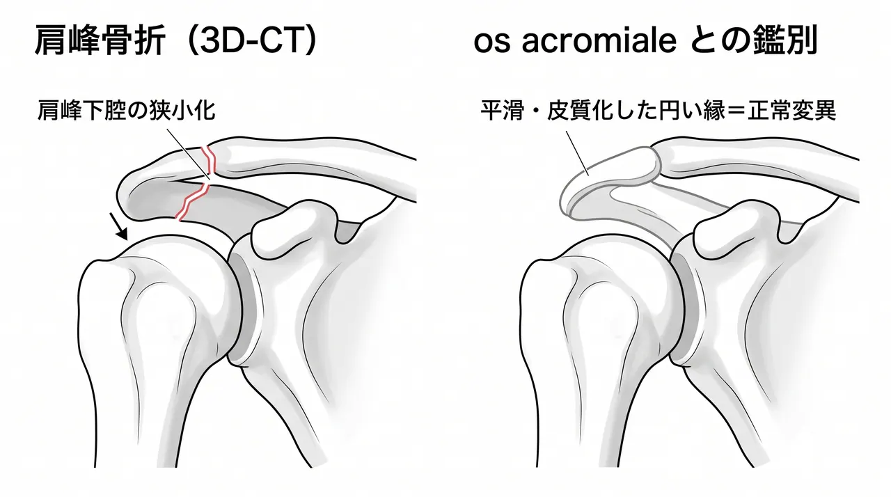 CT・3D-CT — 骨折線・転位・肩峰下腔狭小化・os acromiale鑑別