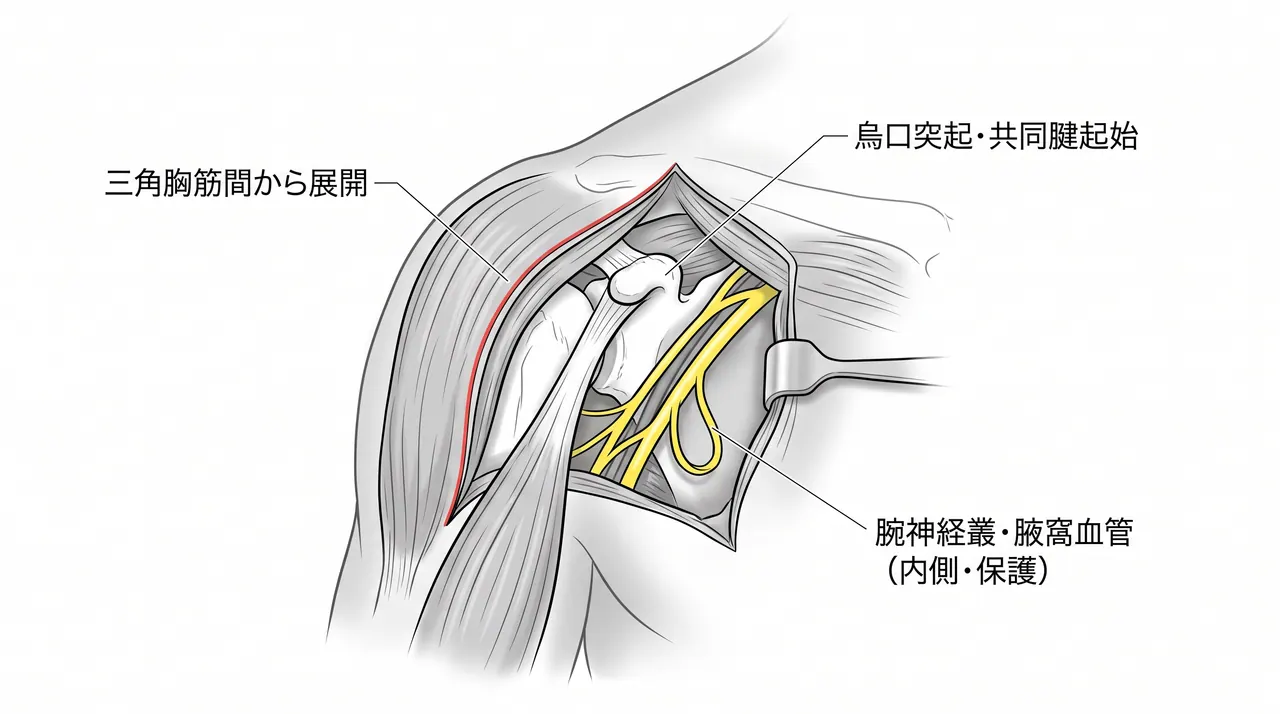 前方アプローチ — 三角胸筋間から烏口突起を展開