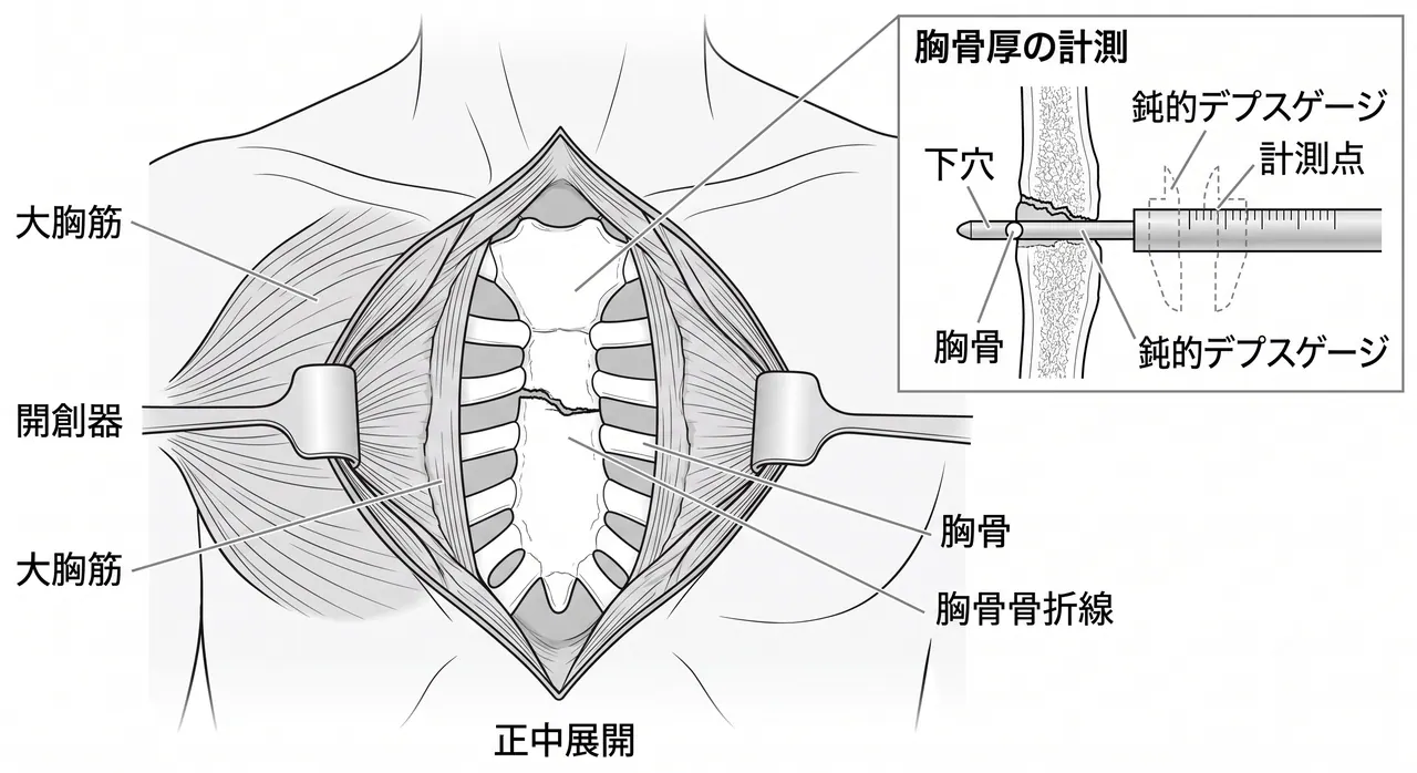 アプローチ解剖図 — 正中皮切線と骨膜下剥離層