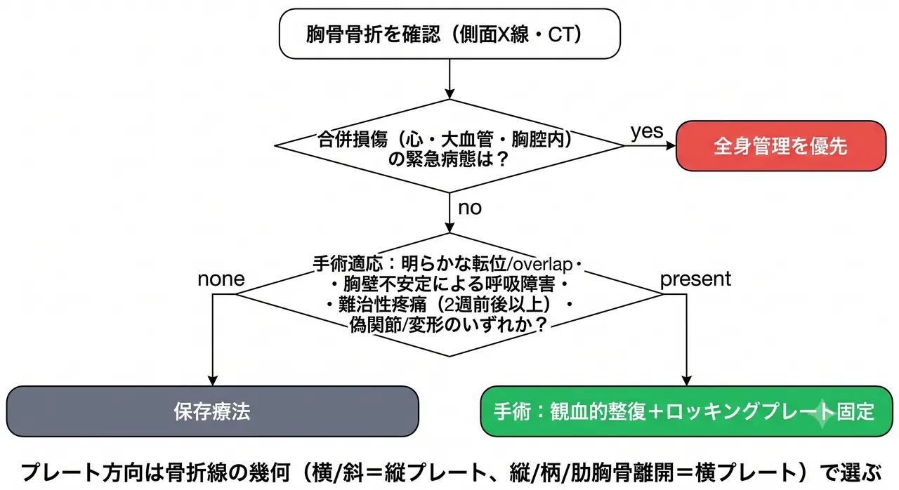 治療選択アルゴリズム — 転位・不安定性・疼痛・合併損傷に基づく方針決定フロー