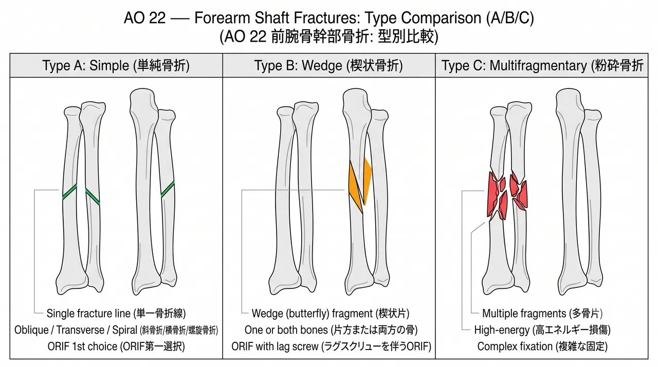 骨折分類 — 22-A1（単骨 or 両骨単純骨折）vs 22-B（楔状骨折）vs 22-C（多骨片骨折）比較