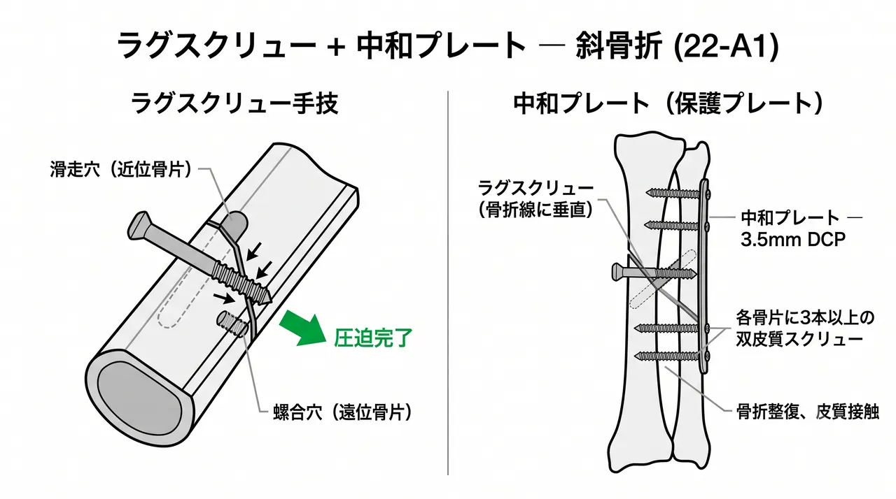 ラグスクリュー＋中和プレート固定法（斜骨折）— スクリュー軌道と圧迫方向