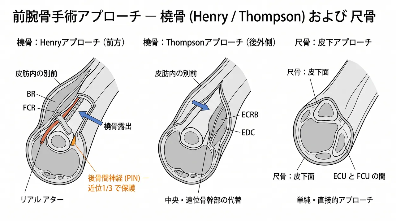 橈骨アプローチ — Henry法（前方）とThompson法（後外側）の展開