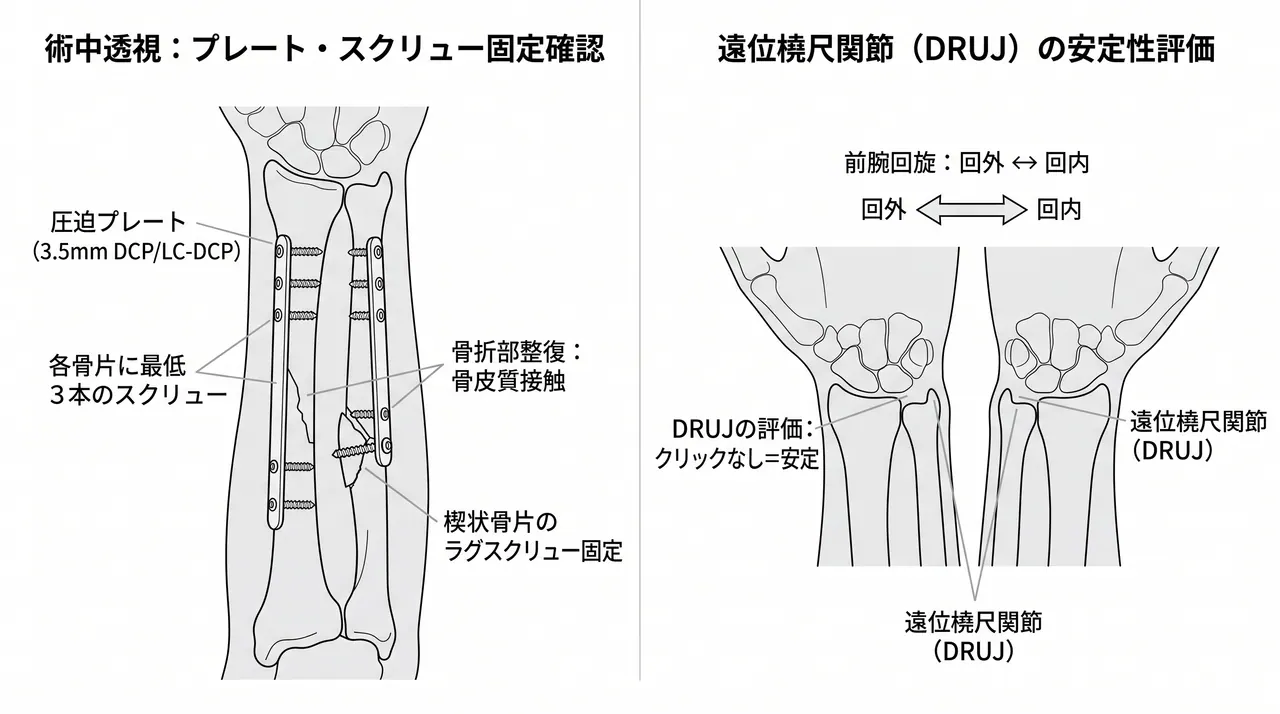 術中透視像 — プレート設置後の圧迫確認と前腕回旋評価（DRUJクリック確認）
