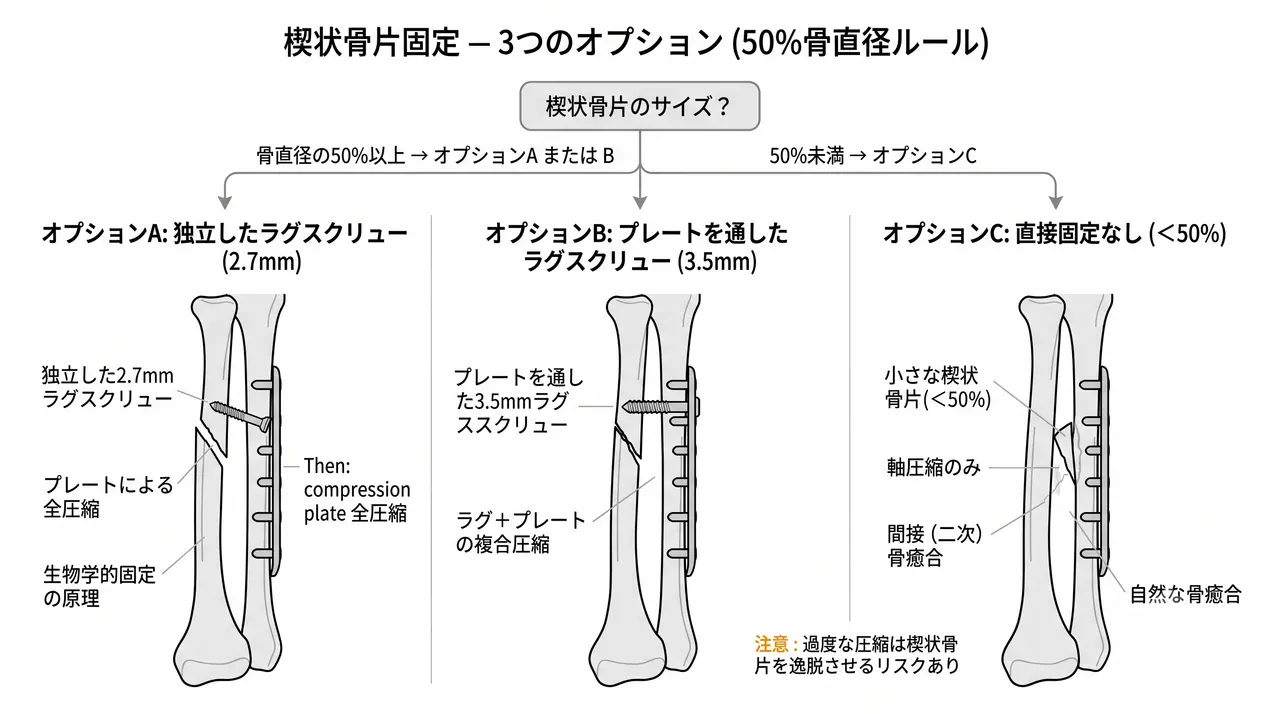 楔状骨片の固定方法選択 — 50%基準での3オプション（直接固定なし・プレート貫通ラグ・独立ラグスクリュー）