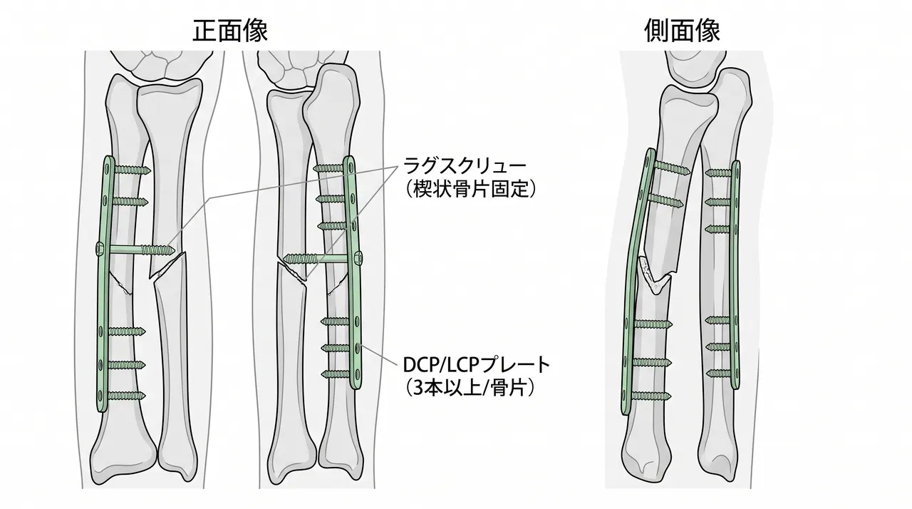 術中透視像 — 橈骨DCPプレート（前方設置）と尺骨プレート（背側設置）の最終固定構成