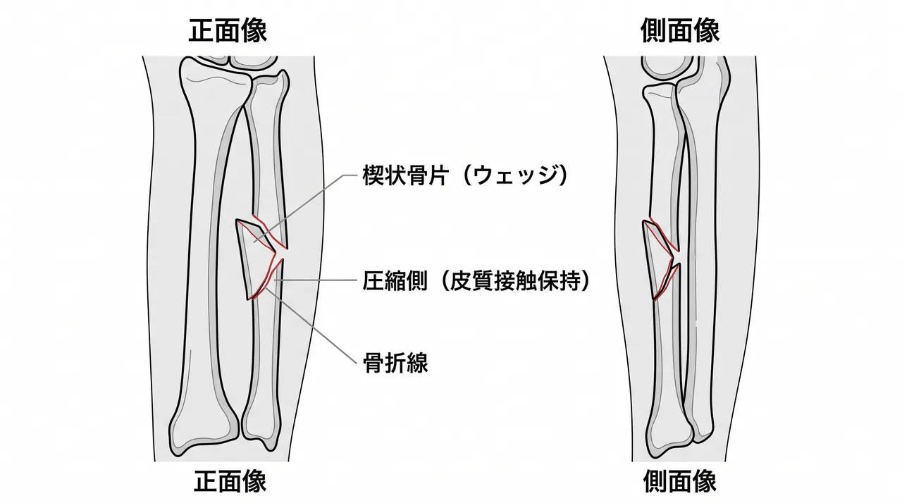術前X線像（正面/側面）— 前腕骨骨幹部楔状骨折パターン（橈骨または尺骨に楔状骨片）