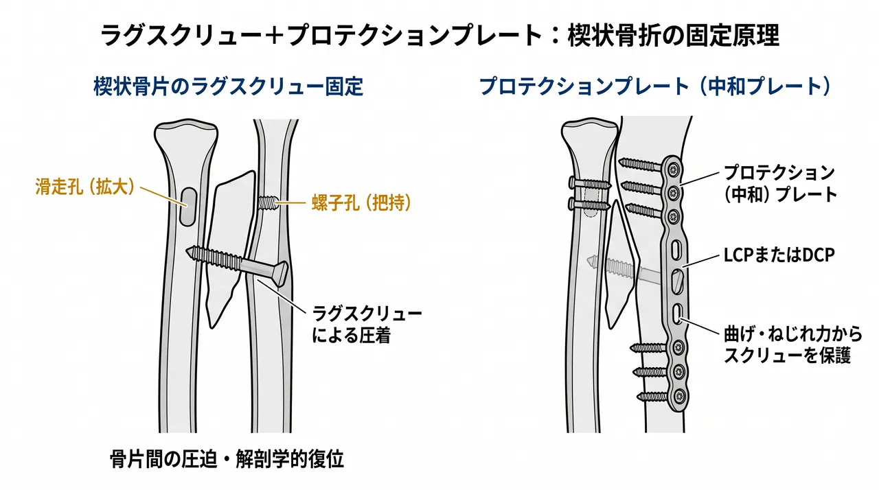 ラグスクリュー＋保護プレート固定 — 楔状骨片の固定原則