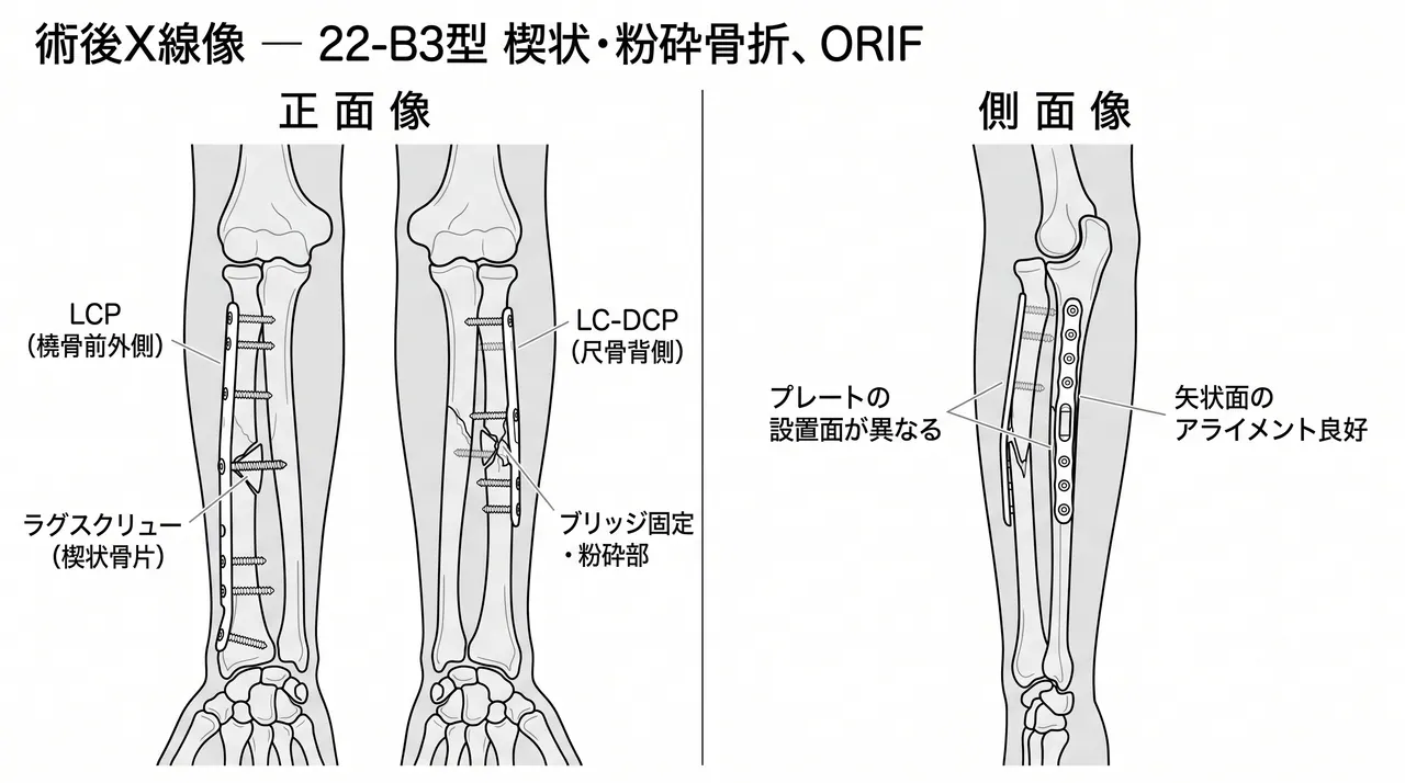 術後X線像（正面/側面）— ORIF後のプレート固定（橈骨・尺骨）