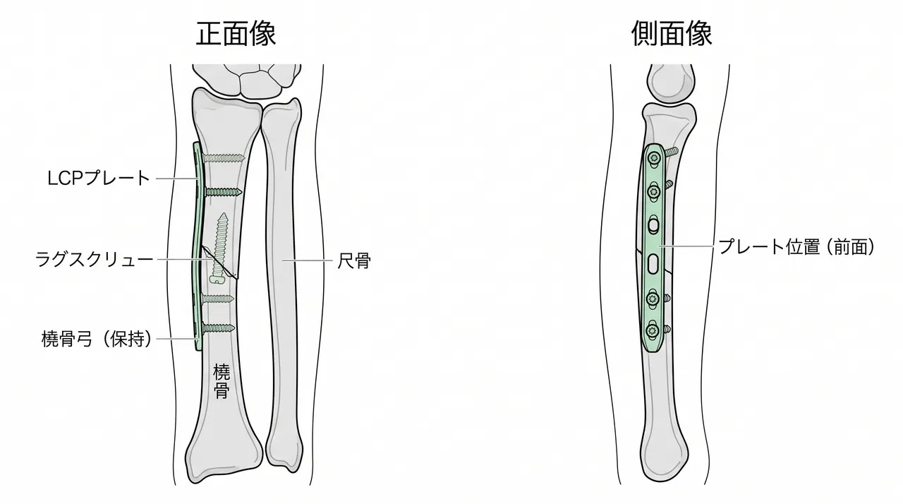 術中透視（正面・側面）— LCPプレート固定後の最終確認