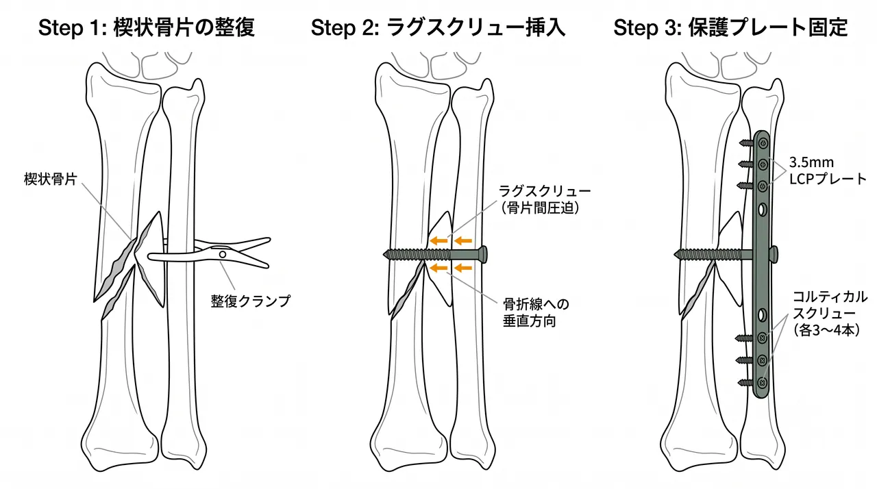 ラグスクリュー挿入と保護プレート配置（骨折部の段階的固定）