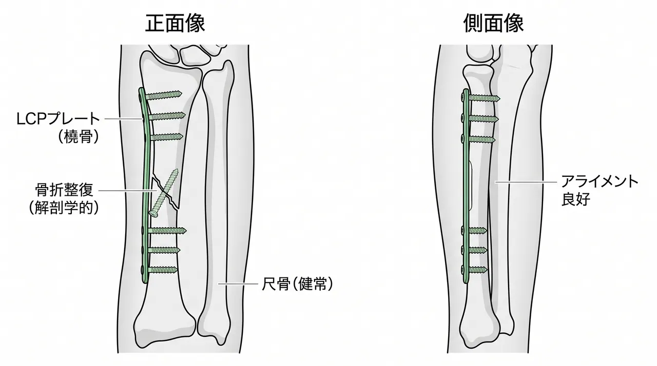 術後X線像（正面/側面）— LCPプレート固定後（骨片圧迫・解剖学的整復）
